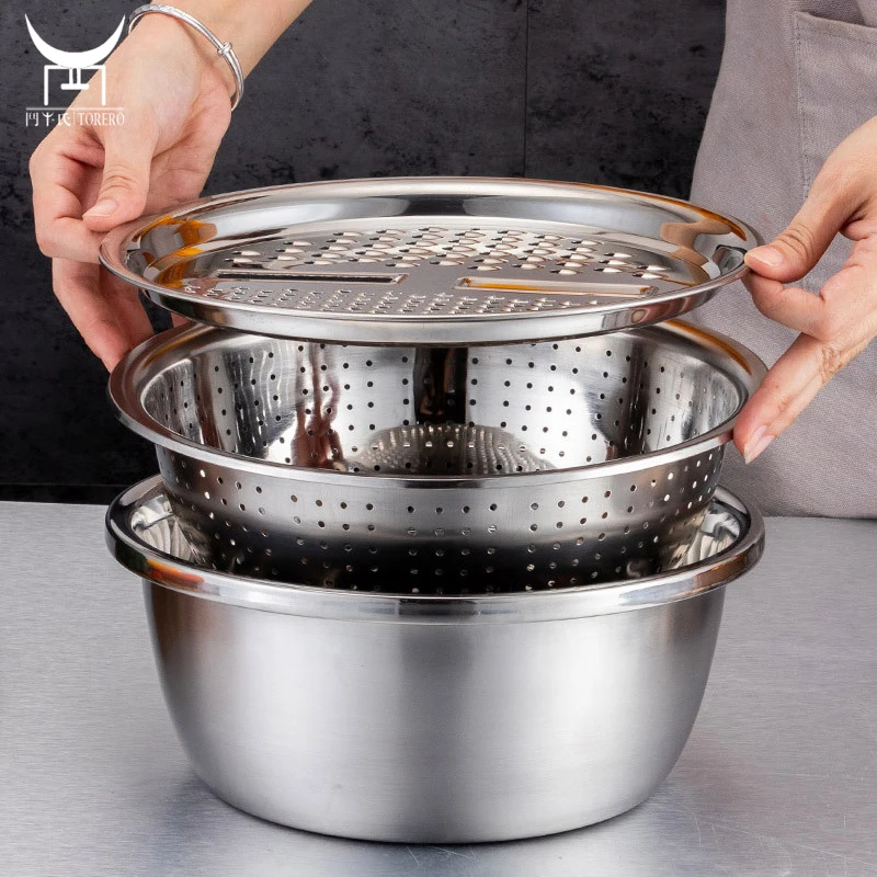 

Factory wholesale thickened 3 in 1 vegetable fruit rice washing basin drain basket grater stainless steel