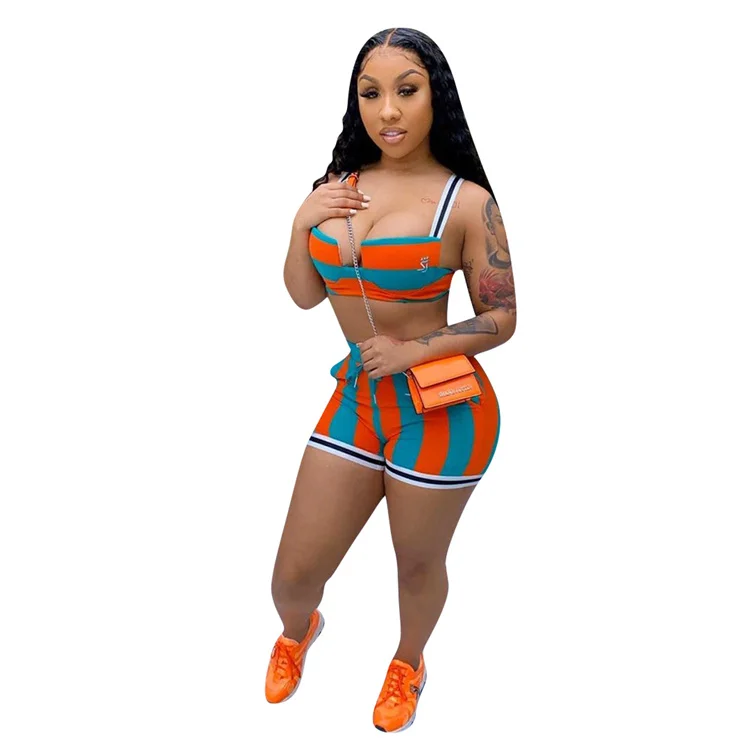 

Wholesale hot sale plus size sport jogging sets clothing halter backless striped crop top shorts leisure two-piece set