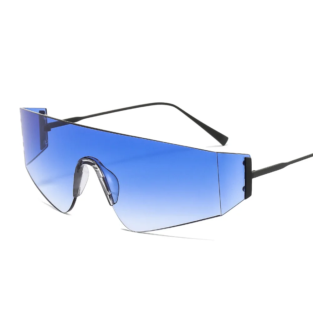 

Hot selling 2021 european ladies outdoor trendy blue square rimless one piece fashion sunglasses women