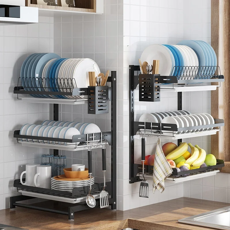 

Drill-Free Wall-Mounted Kitchen 2/3 Layer Stainless Steel Adjustable Height Drain Drying Dish Rack, Black