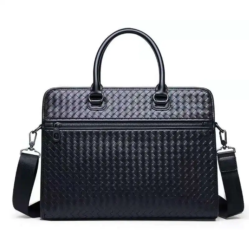 

Cappuccino Custom Top Grain Business Weaving Leather Laptop Bag Men Weave Real Leather Office Briefcase Bags, Black