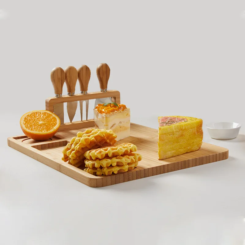 

Bamboo Cheese Board Set with Slate cheese Board and Tool Holder, Natural bamboo color