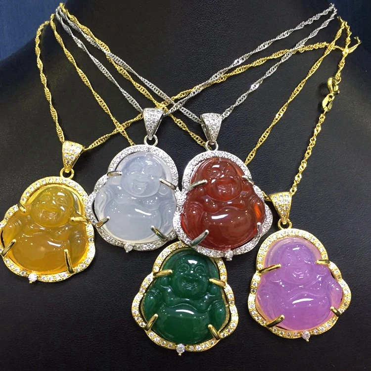 

2021 New arrival jade pendant jewelry bling full iced out jewelry 925 sterling silver Plated jade buddha pendant necklace, Green