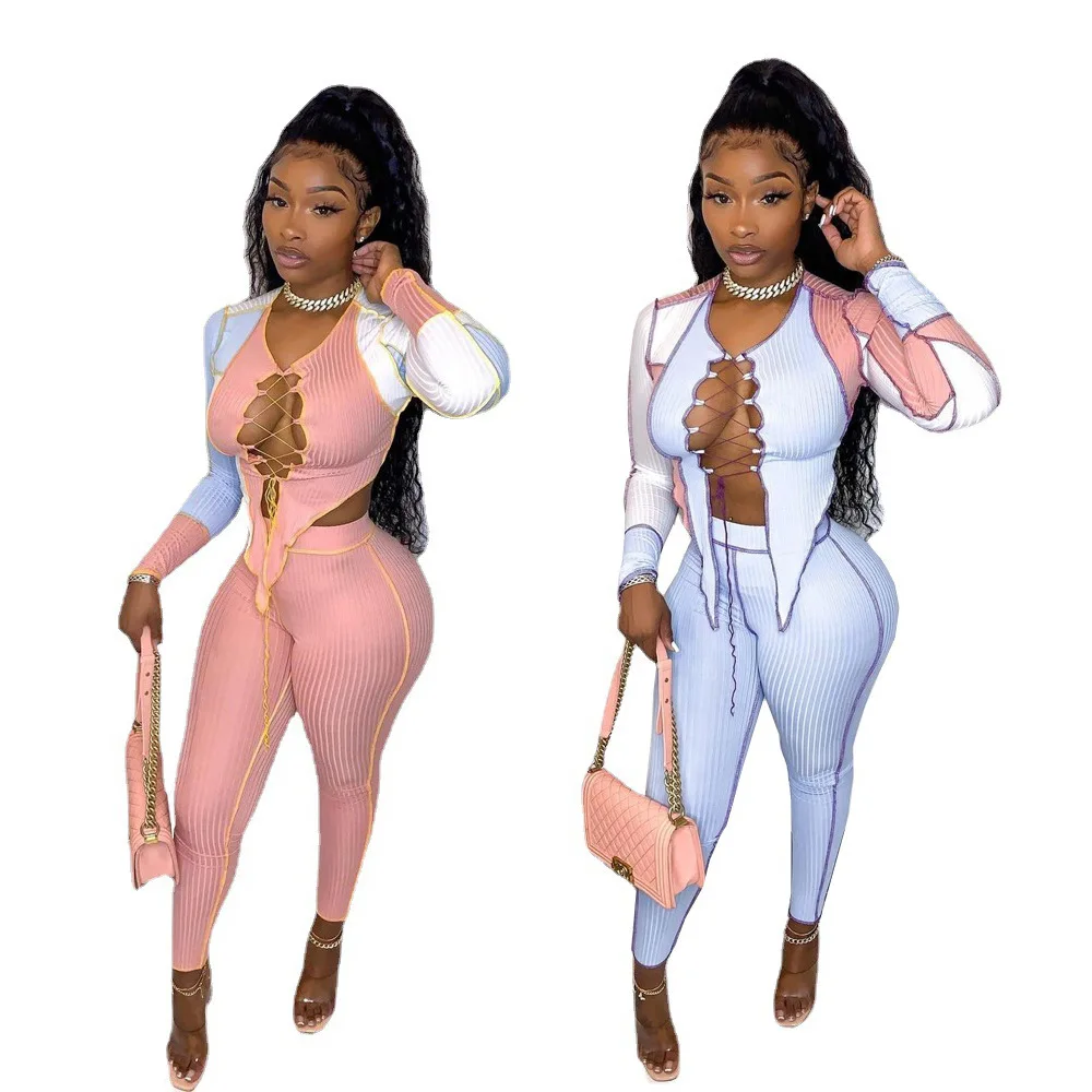 

Wholesale 2021 Fall Outfits Ribbed Two-Piece Women's Suits Crop Top Pants Set Womans Clothing Lace Up 2 Piece Two Piece Set
