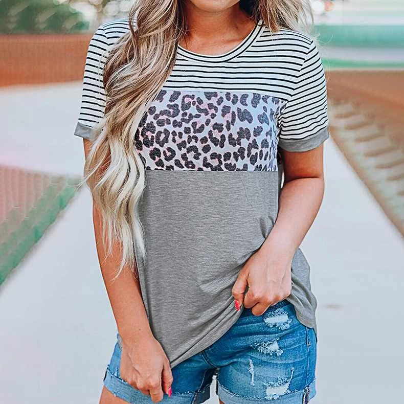 

Spring / Summer New Round Neck Striped Leopard Short Sleeve T-shirt For Women, Picture showed