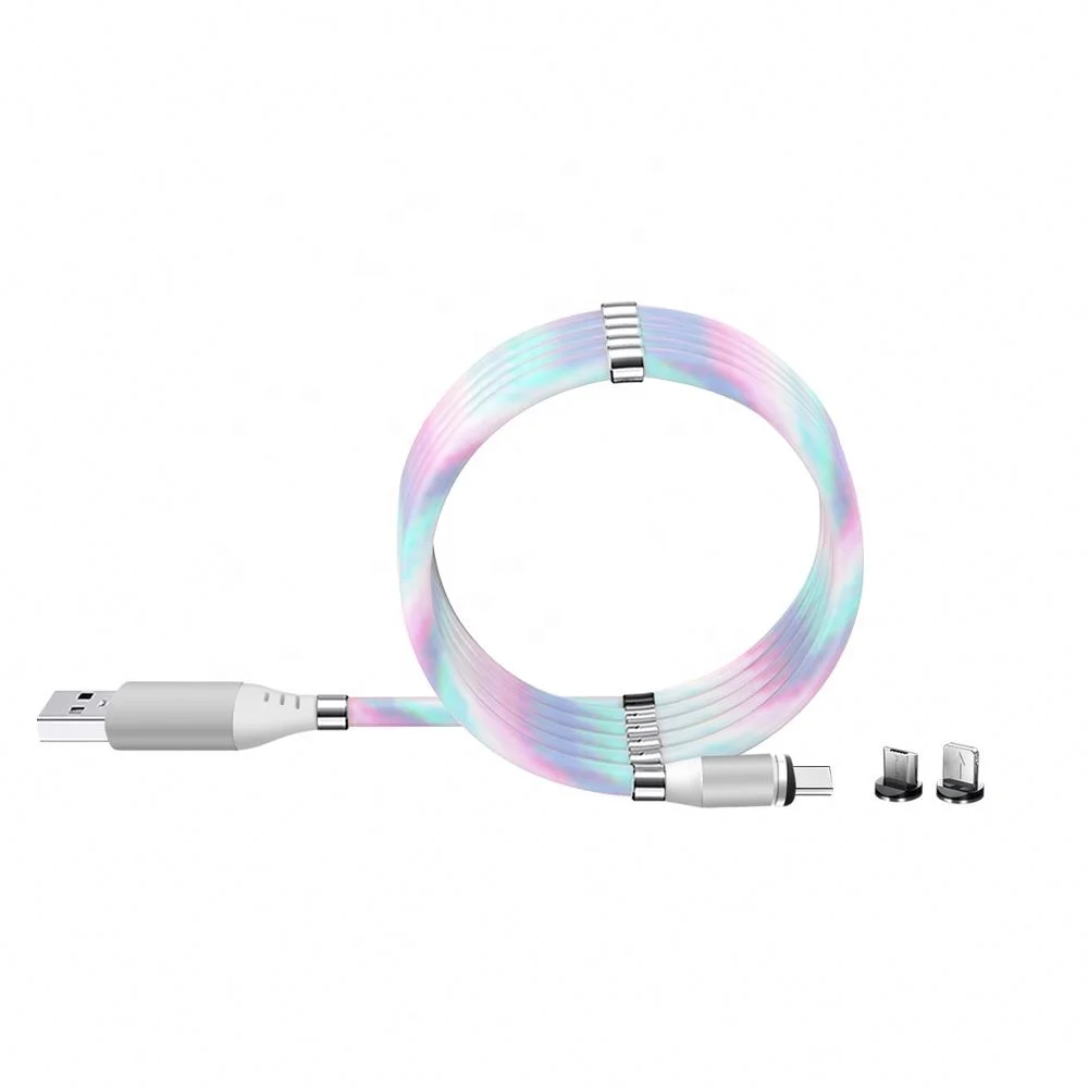 

Top Sell 2.4A 3in1( I6-8pins, V8 & Type-C Connectors) Flow Light Super Self Winding Fast Charging Magnetic Cable