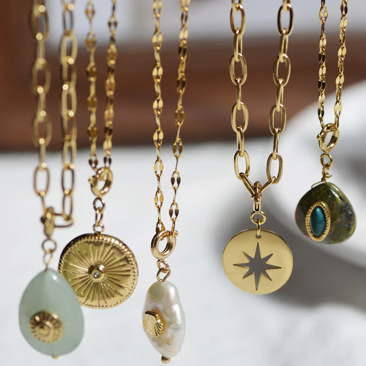 

Non tarnish gold plated stainless steel Eight-pointed star natural pearl stone diy pendant necklace, As picture