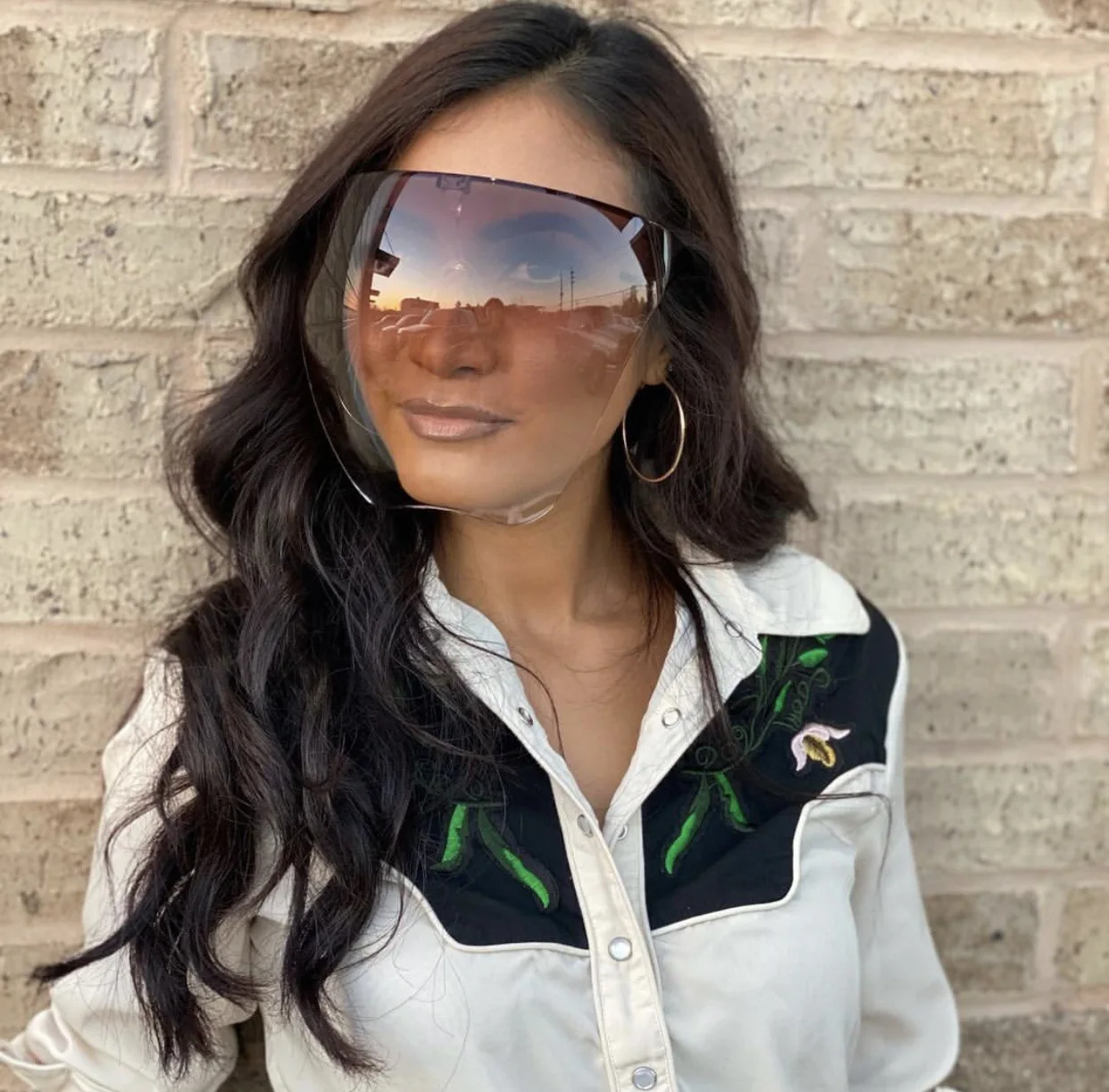 

Wholesale safety protection face sunglass oversized color lens glasses rimless sunglasses 2021