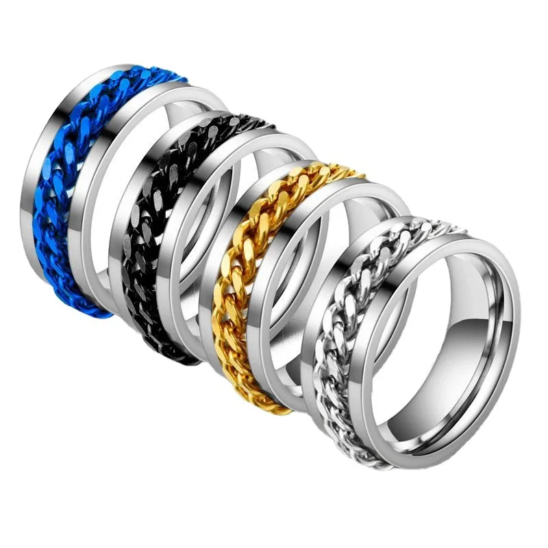 

Titanium Steel Rotatable Chain Couple Ring Anxiety Jewelry Fashion 8mm Fidget Spinner Ring Punk Fine Jewelry Ring FOR MEN