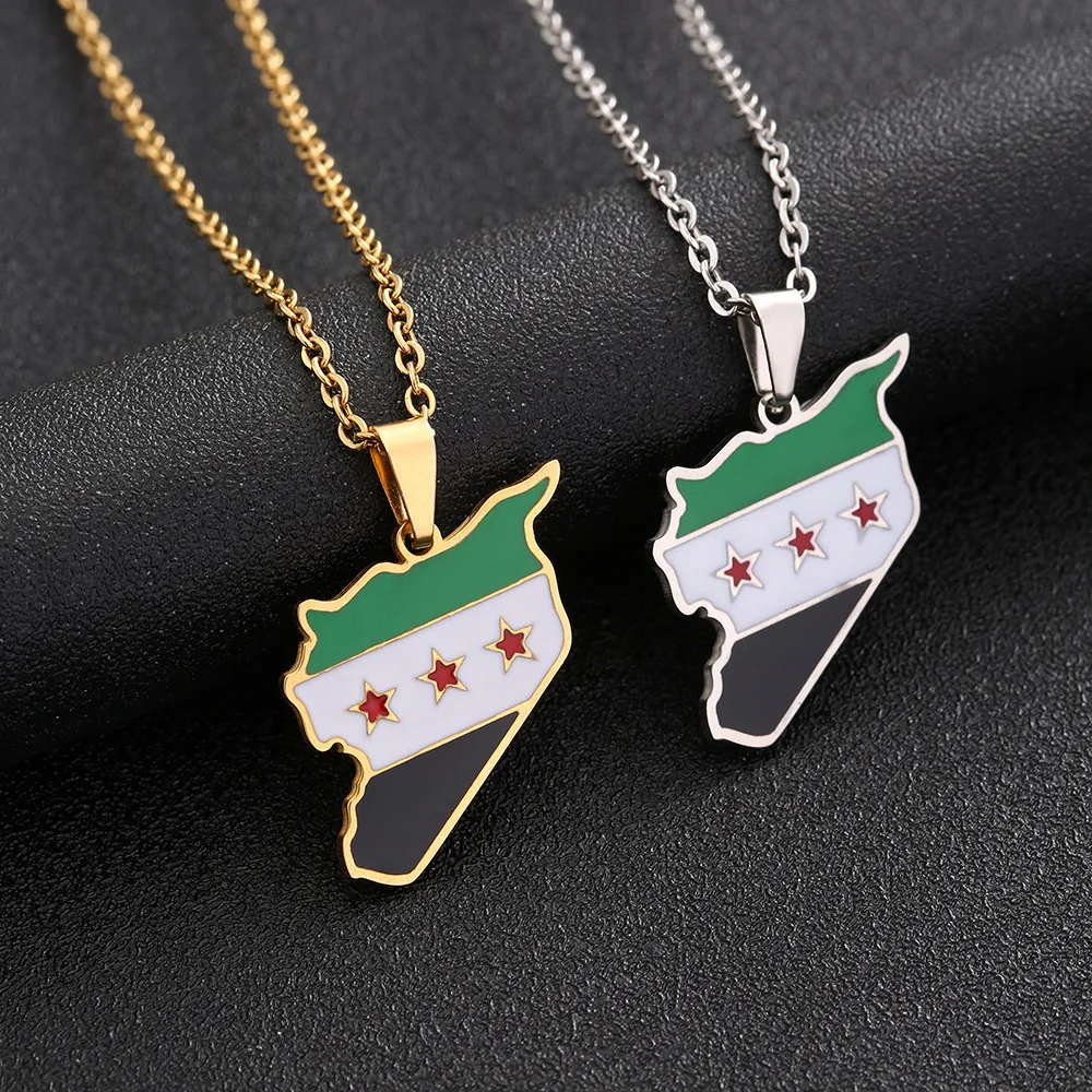 

Enameled Syrian Arab Republic Map Chain Necklace Stainless Steel 18K Gold Plated Enamel Syria National Flag Map Pendant Necklace