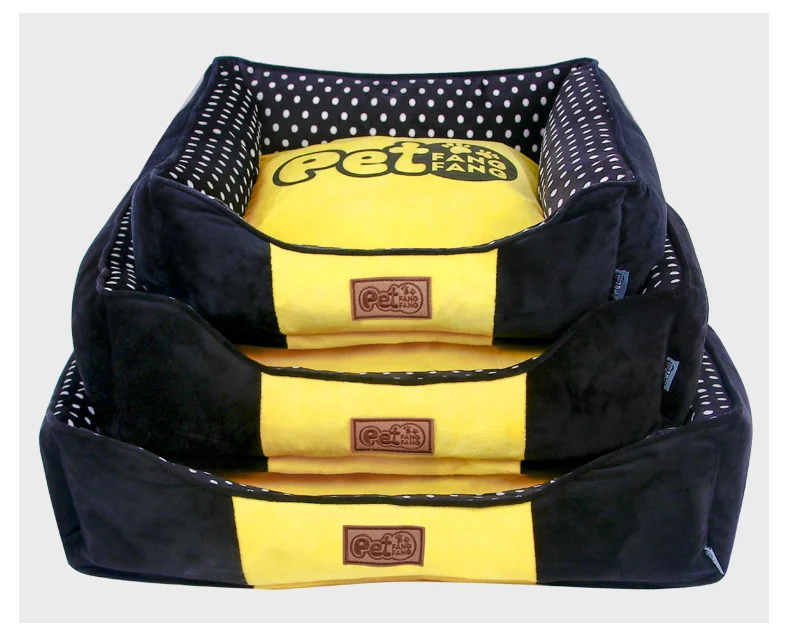 

Detachable Warm Washable Square Pet Bed Autumn Winter Round Dot Printed Dog Bed Cat Mat Kennel Pet Accessories, Black + yellow