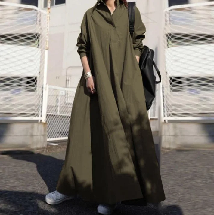 

New Solid Color Lapel Long Sleeve Pockets Simple Loose Casual Long Print Floral Dress Maxi Abaya, As pic or custom requirements