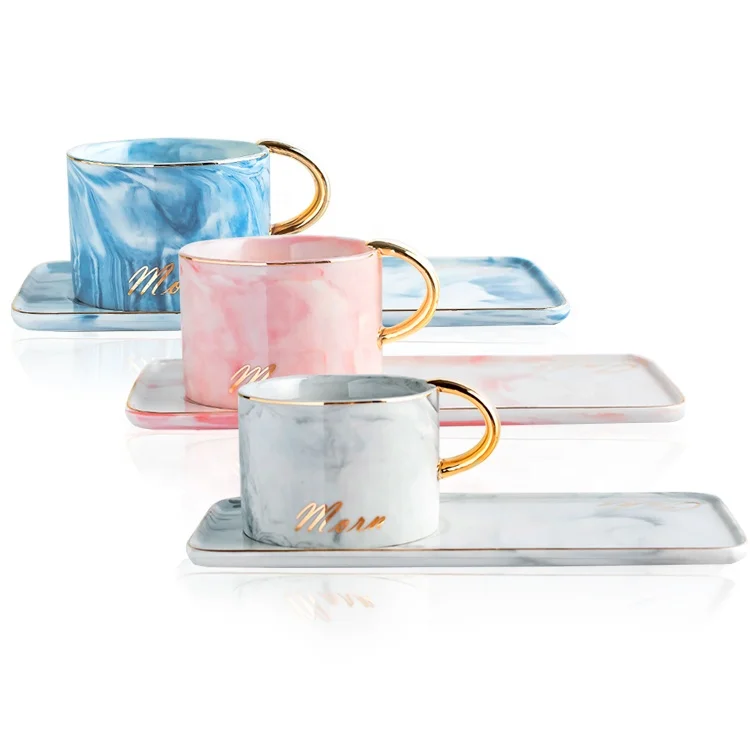 

Wholesale Marble Effect Ceramic Espresso Coffee Cup with Rectangle Dessert Saucer and Golden Handle, Blue,pink,gray or customized
