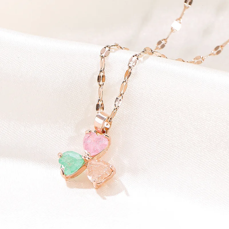 

Rose Gold Plated Macaron Rhinestone Color 3 Leaf Flower Pendant Women Choker Stainless Steel Necklace