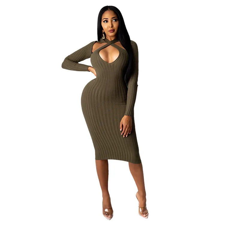 

Summer latest style hot sale pure color long sleeves knit jacquard weave sexy hollow out bodycon tight dresses