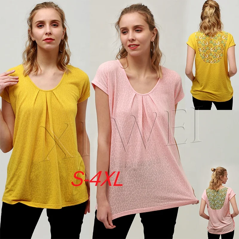 

floral lace slplincing patchwork jacquard knitting yellow women womens plain tshirt
