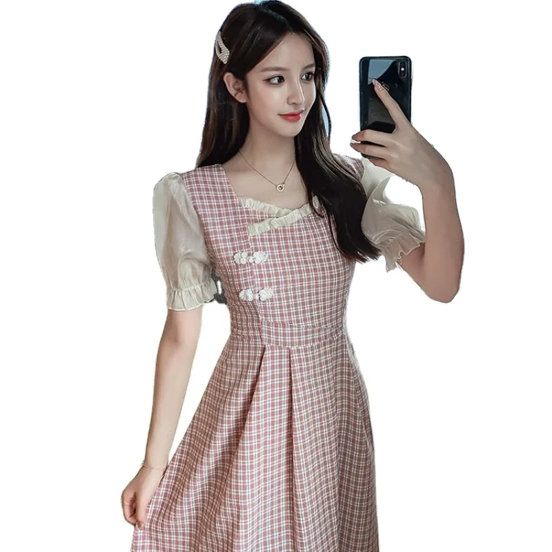 

Women's cheongsam dress small fresh square neck puff sleeve mid-length plaid waist slimming short-sleeved dress female summer 20