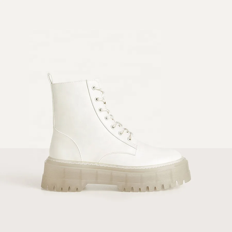 

New style custom large size track sole platform ankle white women boots