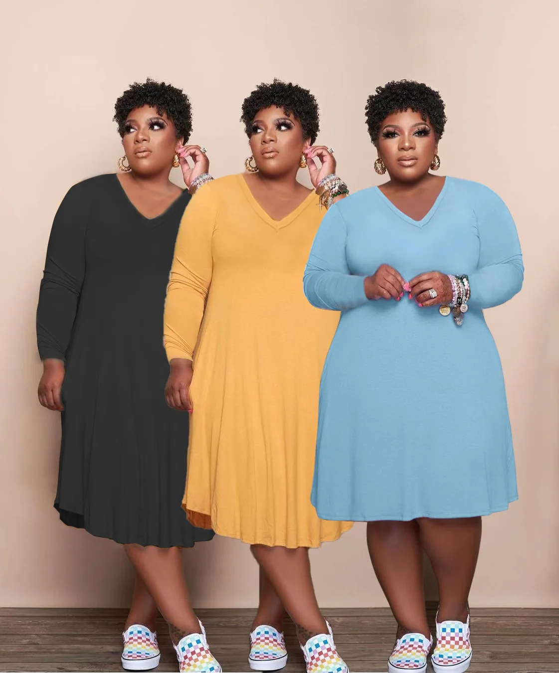

Fall 2021 plus size casual solid color women's new style long sleeved V neck fashion dress  fat clothes