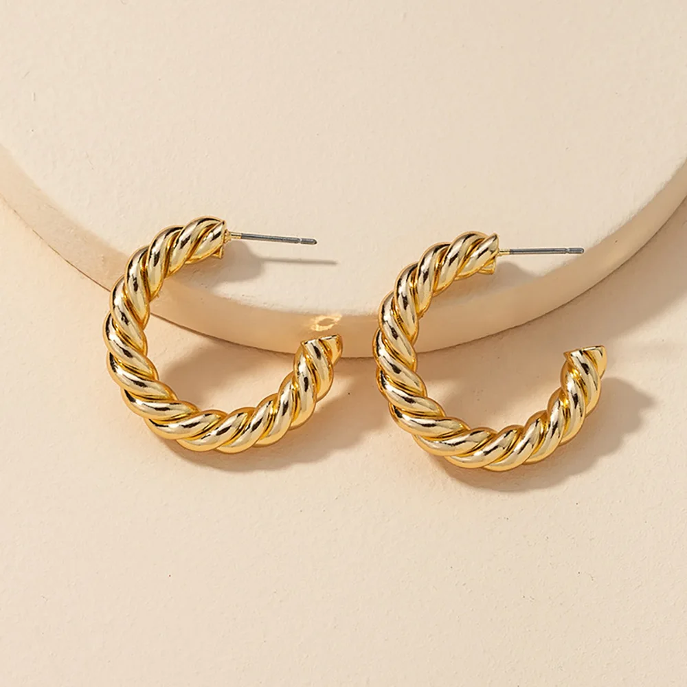 

Women fashion costume jewelry alloy twisted Spiral shape gold plated rope aretes hoop 2021 trending earrings