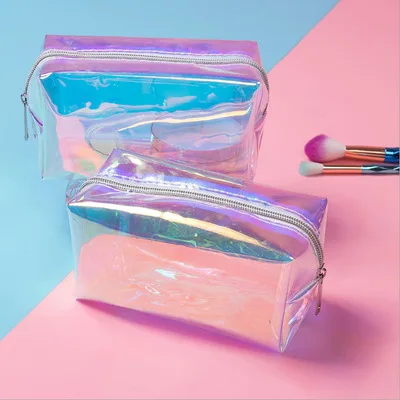 

OMG holographic ziplock makeup custom cosmetic pvc bag private label pouch bolsas holograficas transparente sac holographique