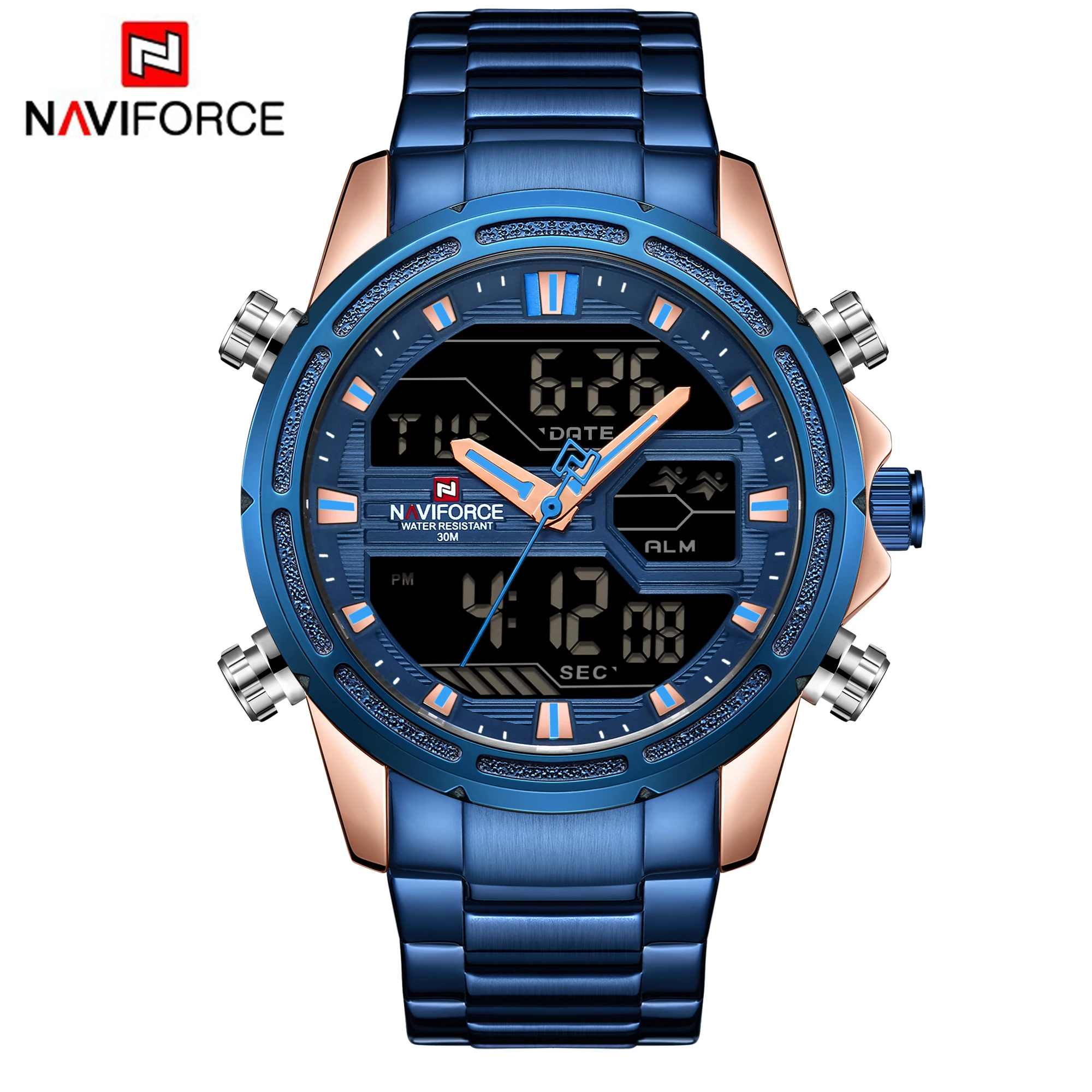 

Wholesale NAVIFORCE Stainless Steel Chain Men Watch 9138 Waterproof Digital LED Dual Display Mens Sprot Quartz Wristwatch 2020