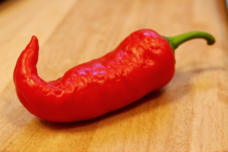 Close-up photograph of Carolina Reaper pepper showing its distinctive bumpy texture and characteristic pointed tail on a wooden cutting board