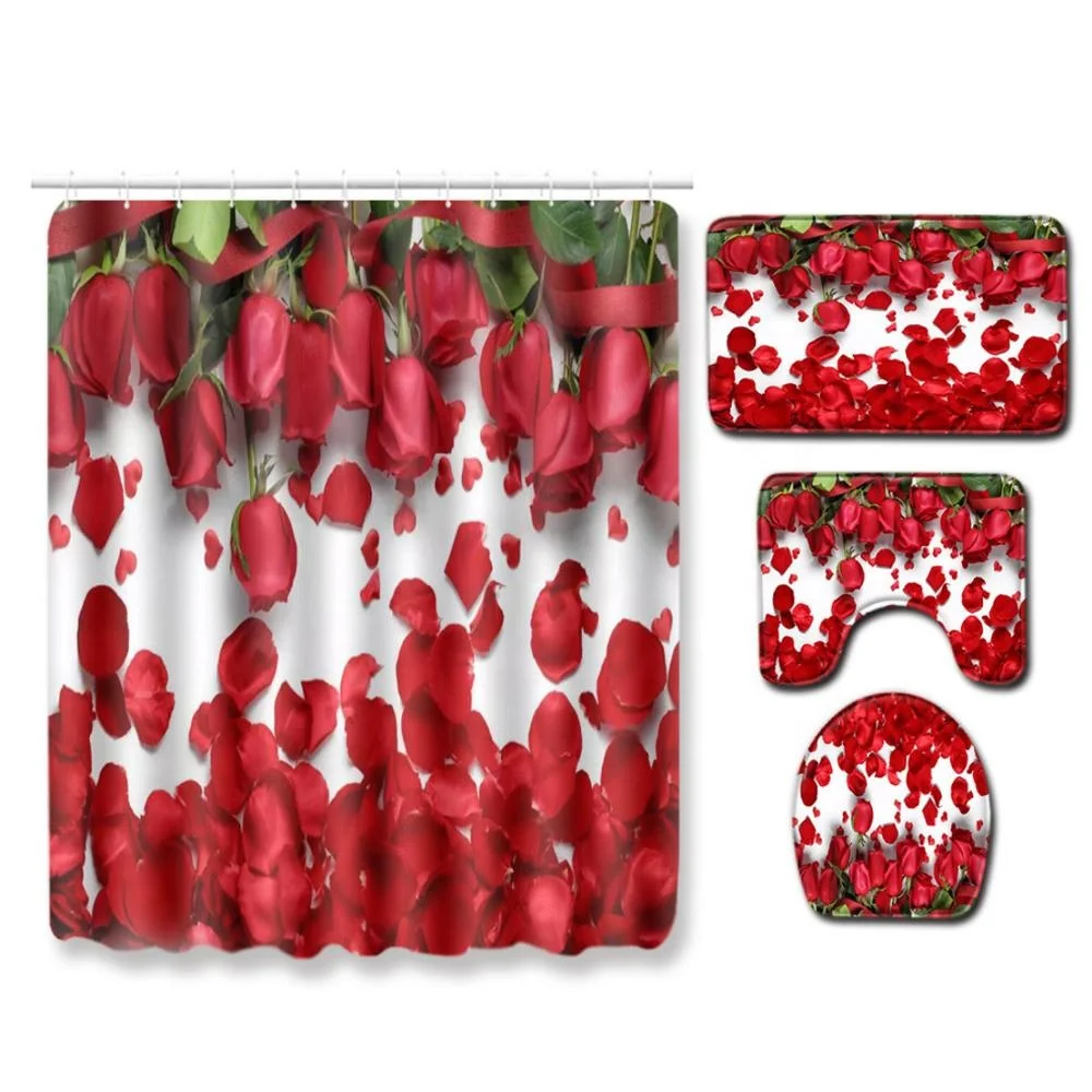 

Red flowers rose Bathroom Sets water Resistant Shower Curtain With Bath Mats