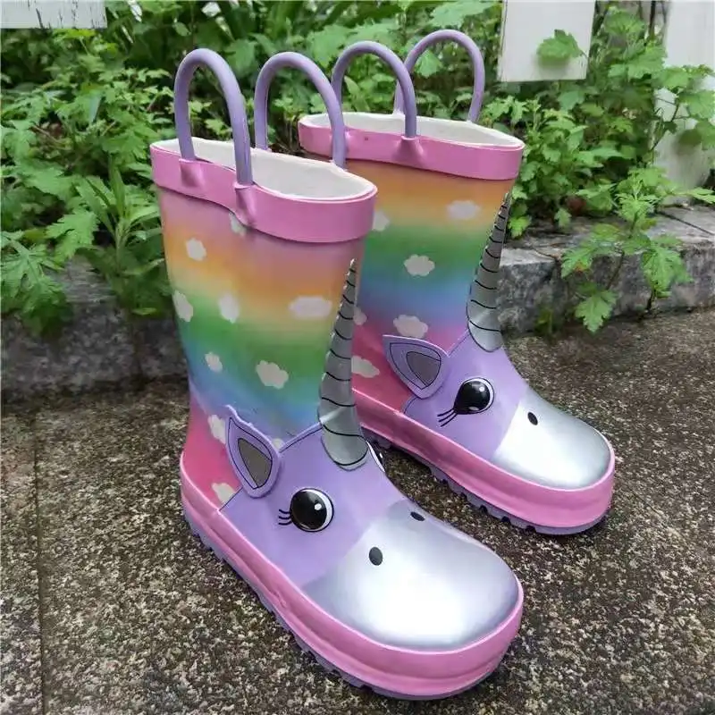 

Fast Shipping 3D Rainbow Unicorn Cartoon Rubber Toddler Ankle Galoshes Skidproof Wellies For Kids With Handlese