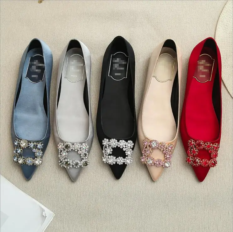 

YK1034A bridal flat wedding shoes all-match rhinestone square buckle shoes women's pointed flat dress shoes