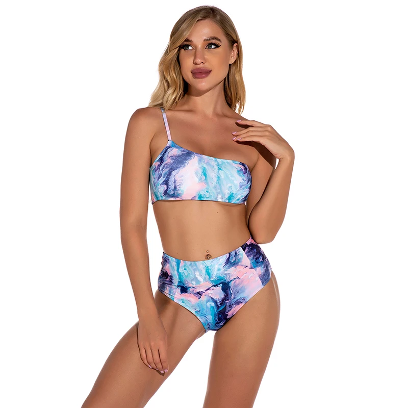 

Summer New Ladies Swimwear Cross-border One-shoulder Tie-dye Printing High-waist Split Swimsuit Bikini, Picture showed