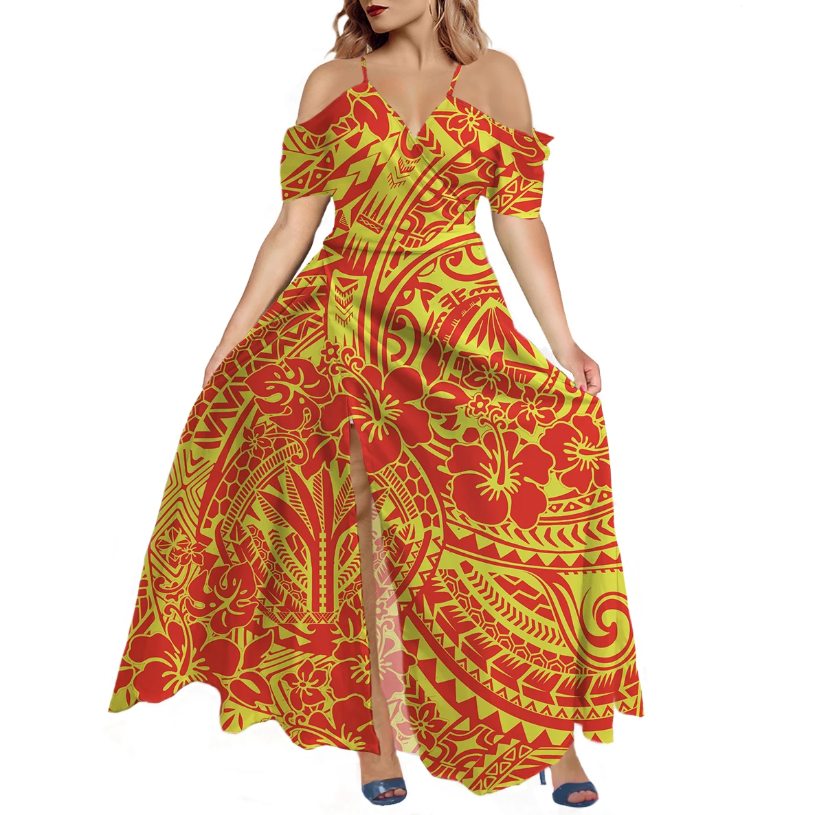 

High Fashion Off The Shoulder Dress One Piece Delivery Spaghetti Strap Long Dress Deep V-neck Sexy Womens Maxi Dress Thigh Split
