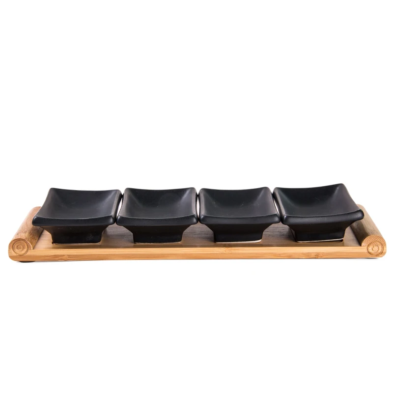 

Japanese style ceramic dish set for restaurant black color rectangular shape sushi dish soy sauce dish for tableware