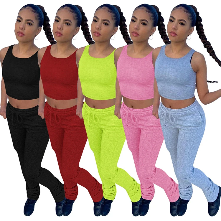

HR8172 Summer Leisure Vest Women Workout Apparel Stacked Pants 2 Piece Set Gym Wear