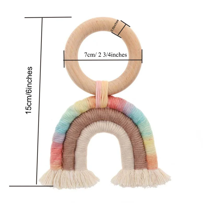 Baby Teething Ring Rainbow Wooden Boho Baby Teether Stroller Toys Shower Gift 