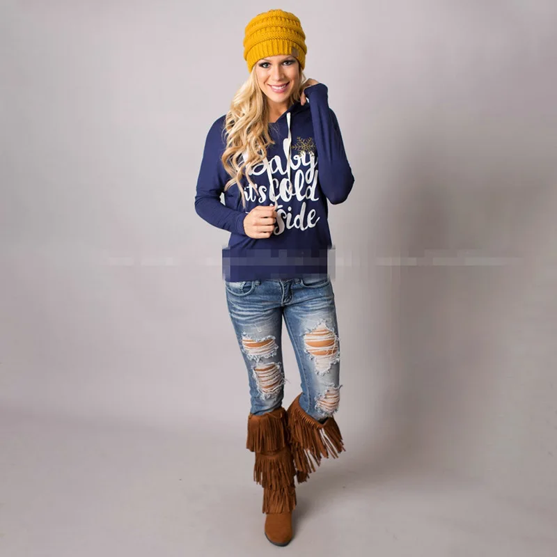 

I9 Wholesale Custom Blue Long Sleeve Winter Printed T Shirt Casual Women Hoody