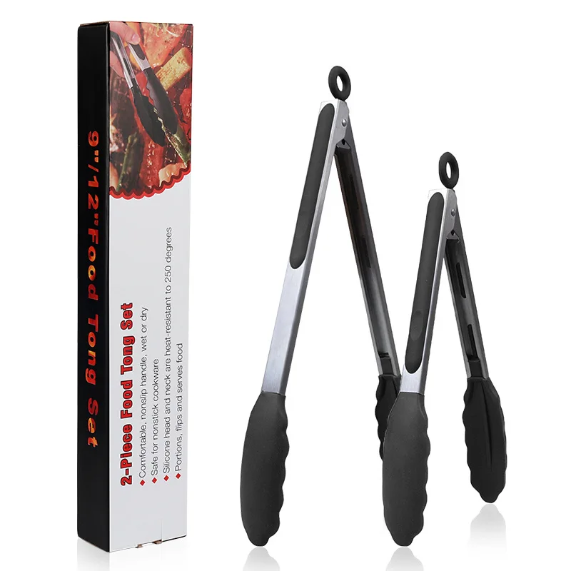 

12 Inch Kitchen Utensils Silicone Long Handle Bbq Grill Bread Clip Serving Stainless Steel Food Tongs, Black red