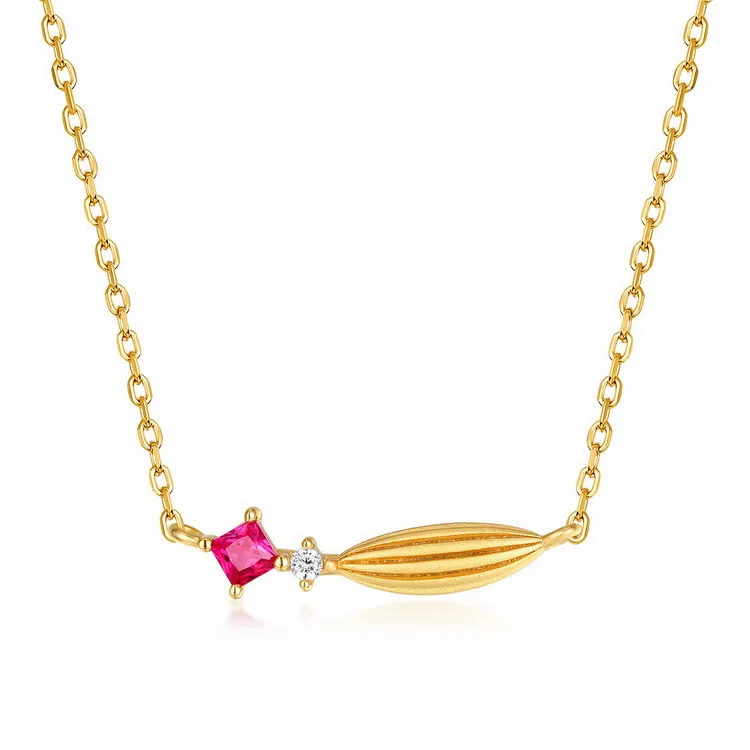 

Plant Jewelry Design Wheat Necklace With Red Corundum Yellow Gold 14kt Plated
