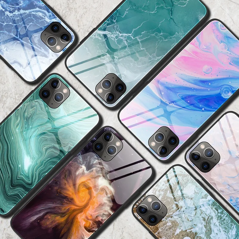 

Wholesale 2D Hard Tempered Glass Phone Case for iPhone 12 Pro Max Luxury Marble Glass Protective Cover Case for iPhone 11 X XR, 7 colors