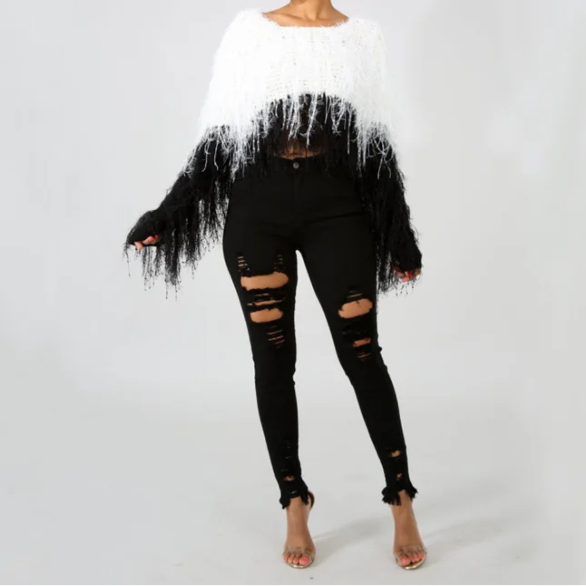 
fashion fringed clothing crop top shaggy sweater fringe mink sweater 