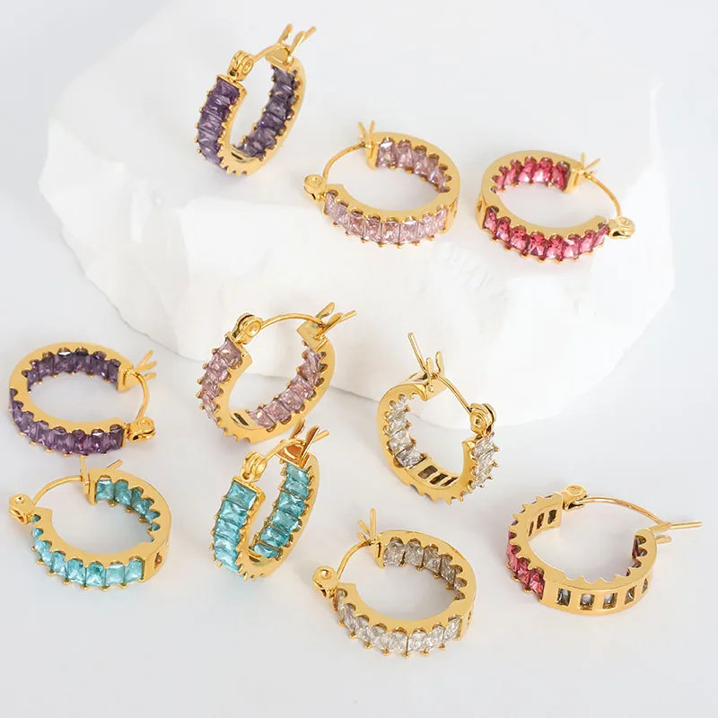 

Luxury Hypoallergenic Stainless Steel Jewelry 18K Gold Plated Baguette Rainbow CZ AAA Cubic Zircon Stone Hoop Earrings for Women