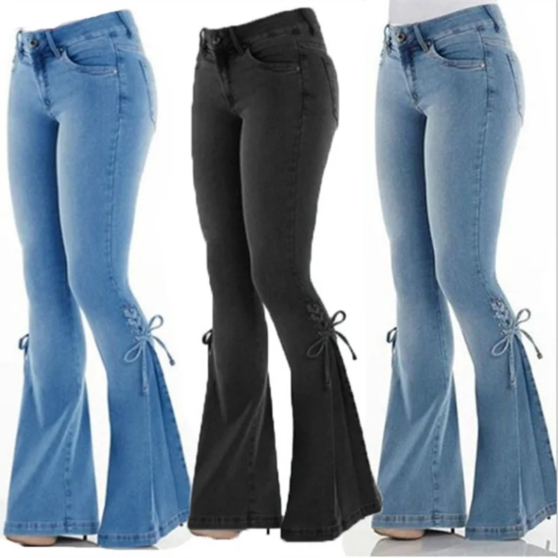 

ladies Plus Size jeans pants Vintage Denim Girls Jeans Pants Women Medium Waist Lace Up Bow Skinny Flare Jeans Denim Pants
