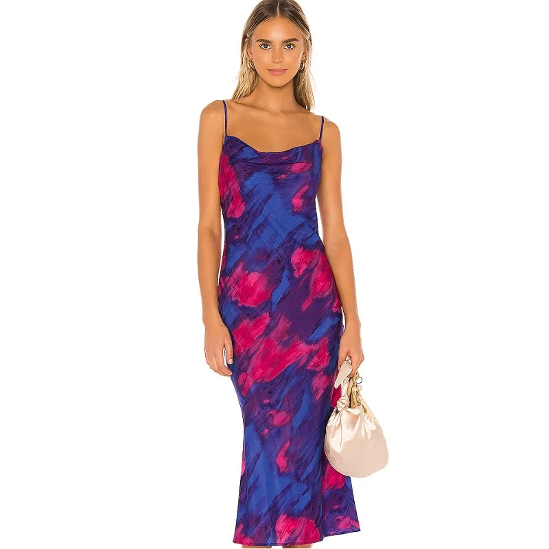 

2021 women's sexy print dress pile neck strap halter mid-length dress