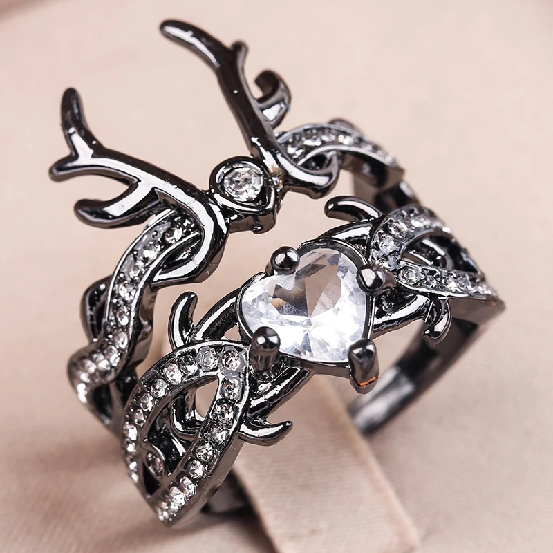 

2PCS/Set Water Drop Milu Deer Head Cubic Zironia Stacking Ring Sika Deer Heart-Shaped Diamond Black Ring Sets