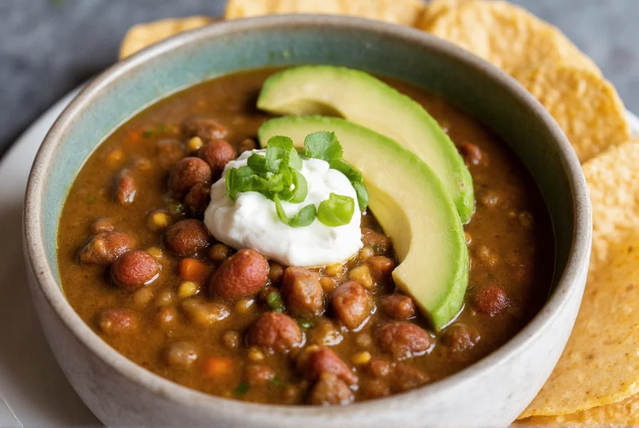Bowl of steaming chili verde served with tortillas, avocado slices, and queso fresco garnish