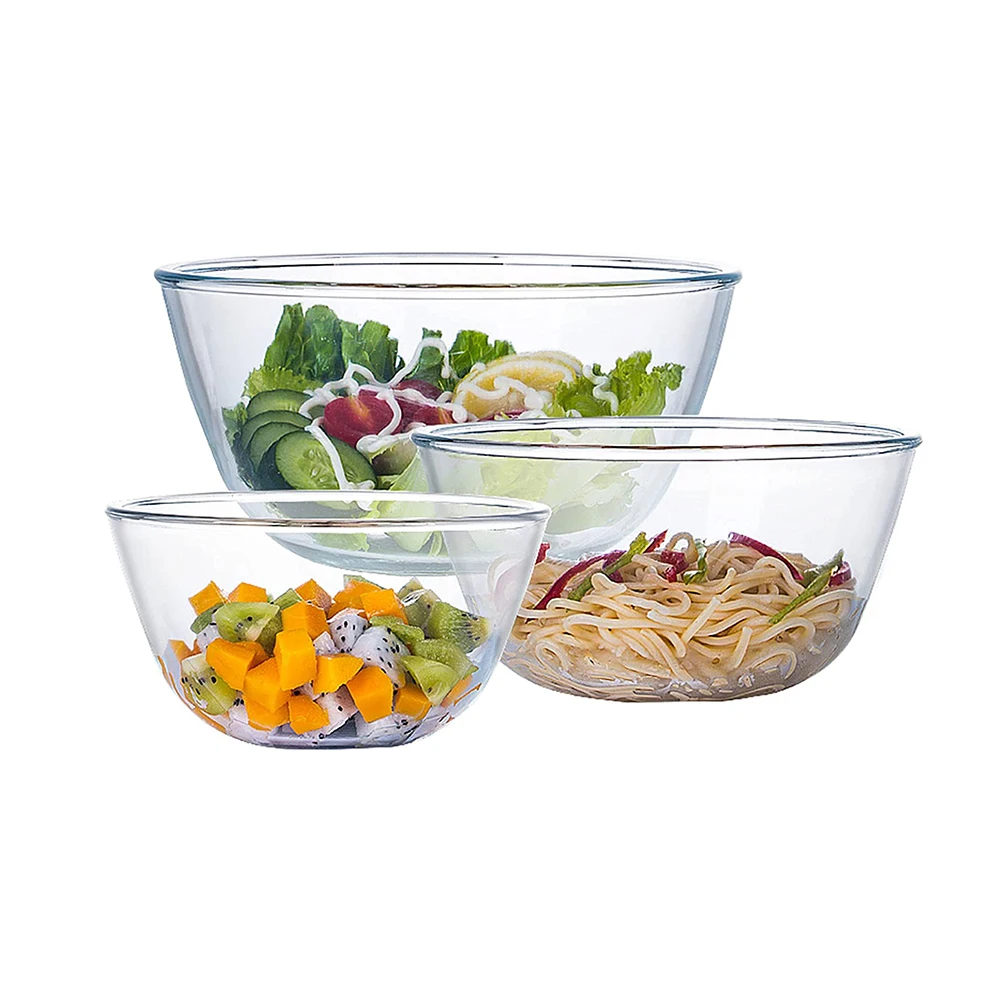 

Wholesale Dinnerware Heat-resistant Microwave Clear Transparent Glass Salad Mixing Bowls Set with Server PP Lid