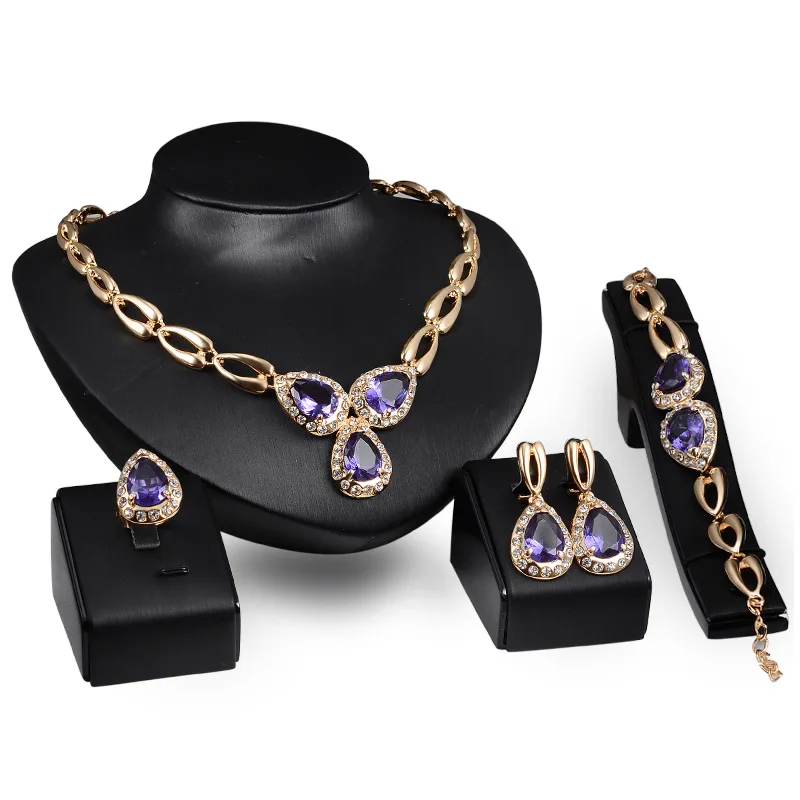 

X4081 Hot Sale Fashion Cubic Zircon Gold Jewelry set Gold Necklace Earrings Bracelet Rings Set Women Gold Jewelry Set