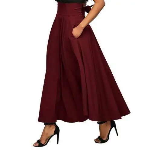 

New Women High Waist Flared Pleated Long Skirts Elegant Fashion Gypsy Pockets Long Maxi Skirt 5 Sizes