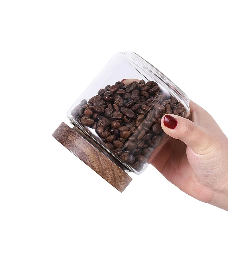 

High Quality Luxurious Acacia Wood Material Kitchen Spice Storage Glass Jar with Black Wooden Lid, Customized color