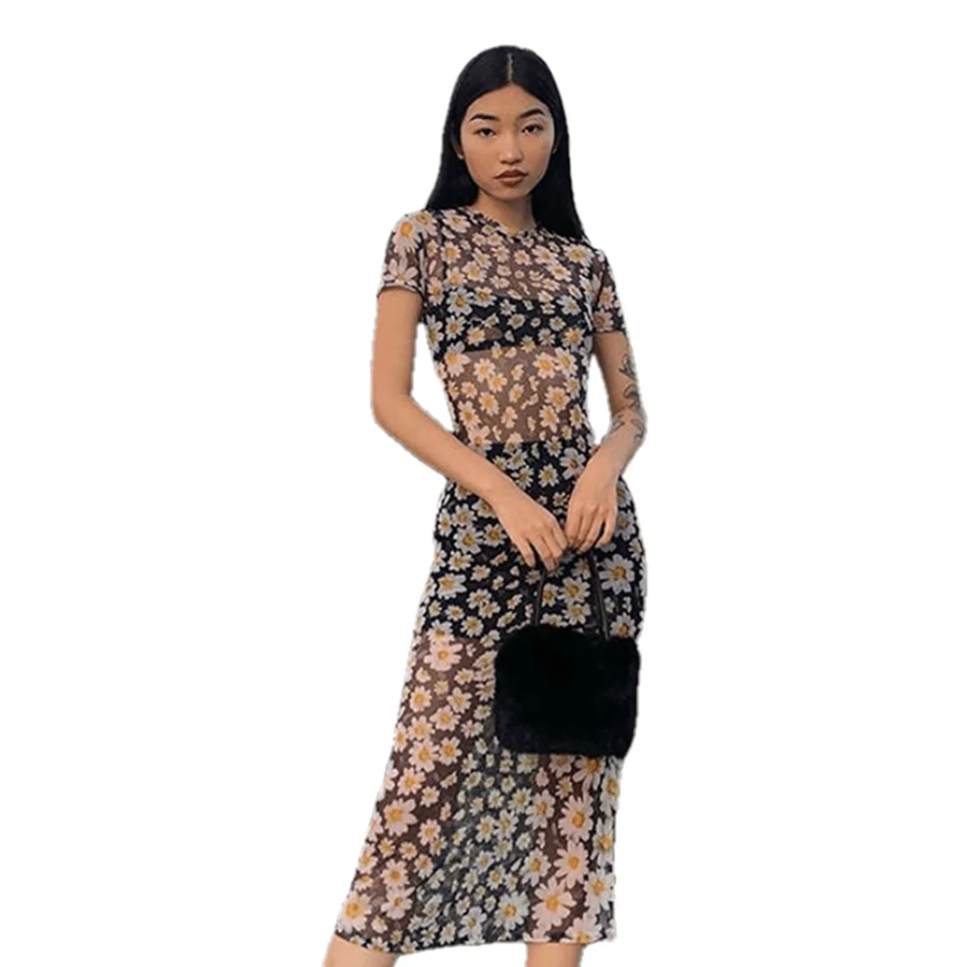 

Sexy Sheer Printed Dress Women's Clothing Muslin Dress